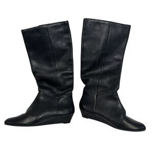 Steve Madden Size 6 Side Buckle Strap Mid Calf Wedge Heel Black Leather Boots